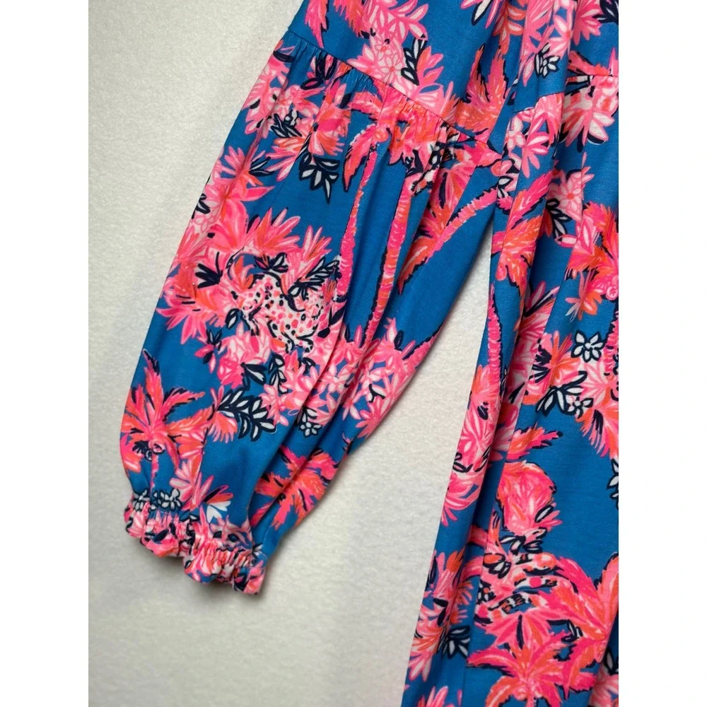 Lilly Pulitzer Babydoll Dress Womens XL Blue Pink Excellent Tropical Palm Print - Picture 3 of 8